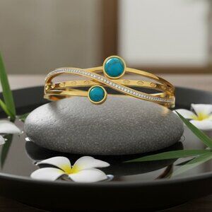 18K Gold Plated Turquoise & Zirconia Bangle Bracelet | Dainty Elegant & Chic✨